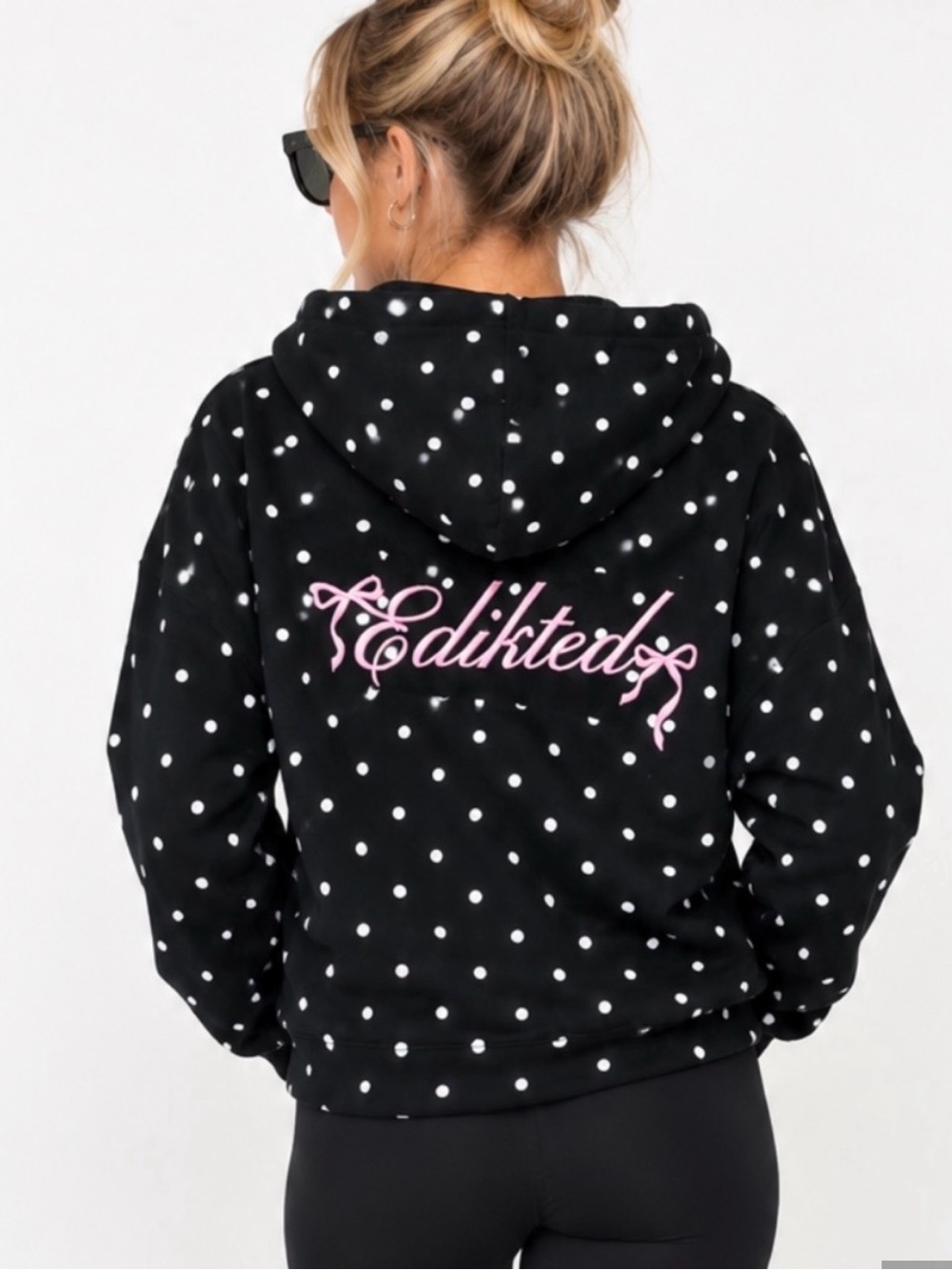 Edikted Black Polka Dot Hoodie with Pink Script Logo